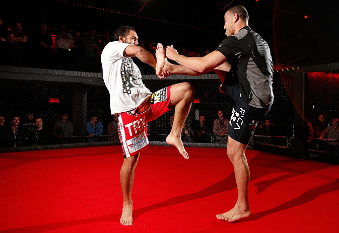 MONTREAL, CANADA - NOVEMBER 15:  Johny Hendricks works out for media and fans during an open training session ahead of UFC 154 at New City Gas on November 15, 2012 in Montreal, Quebec, Canada.  (Photo by Josh Hedges/Zuffa LLC/Zuffa LLC via Getty Images)