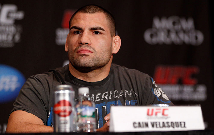 LAS VEGAS, NV - DECEMBER 27:  Cain Velasquez interacts with media during the final UFC 155 pre-fight press conference on December 27, 2012 at MGM Grand in Las Vegas, Nevada. (Photo by Josh Hedges/Zuffa LLC/Zuffa LLC via Getty Images)