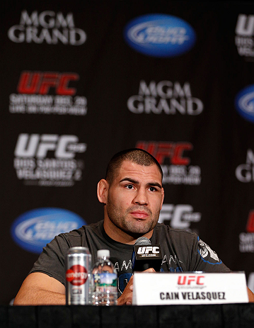 LAS VEGAS, NV - DECEMBER 27: Cain Velasquez interacts with media during the final UFC 155 pre-fight press conference on December 27, 2012 at MGM Grand in Las Vegas, Nevada. (Photo by Josh Hedges/Zuffa LLC/Zuffa LLC via Getty Images)