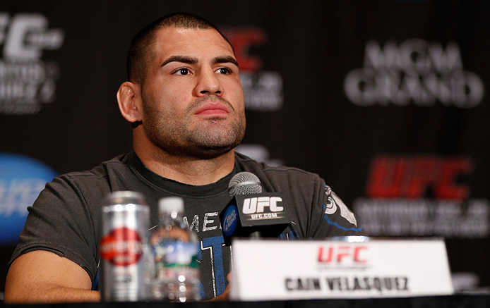 LAS VEGAS, NV - DECEMBER 27: Cain Velasquez interacts with media during the final UFC 155 pre-fight press conference on December 27, 2012 at MGM Grand in Las Vegas, Nevada. (Photo by Josh Hedges/Zuffa LLC/Zuffa LLC via Getty Images)