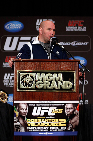 LAS VEGAS, NV - DECEMBER 27: UFC President Dana White during the final UFC 155 pre-fight press conference on December 27, 2012 at MGM Grand in Las Vegas, Nevada. (Photo by Josh Hedges/Zuffa LLC/Zuffa LLC via Getty Images)