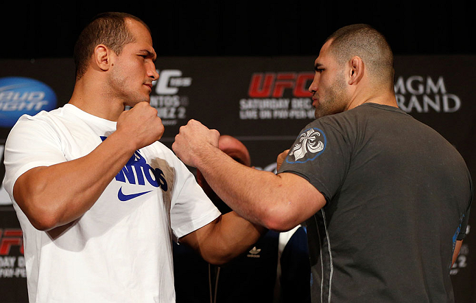 LAS VEGAS, NV - DECEMBER 27: (L-R) Opponents Junior dos Santos and Cain Velasquez face off during the final UFC 155 pre-fight press conference on December 27, 2012 at MGM Grand in Las Vegas, Nevada. (Photo by Josh Hedges/Zuffa LLC/Zuffa LLC via Getty Images)