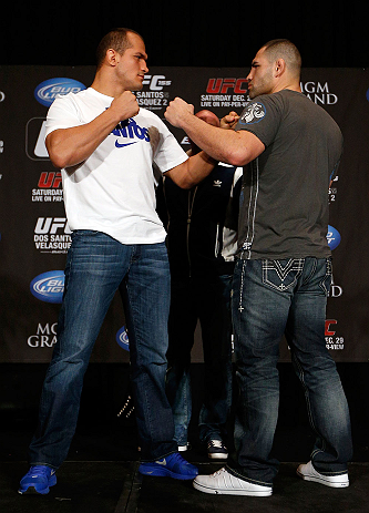 LAS VEGAS, NV - DECEMBER 27: (L-R) Opponents Junior dos Santos and Cain Velasquez face off during the final UFC 155 pre-fight press conference on December 27, 2012 at MGM Grand in Las Vegas, Nevada. (Photo by Josh Hedges/Zuffa LLC/Zuffa LLC via Getty Images)