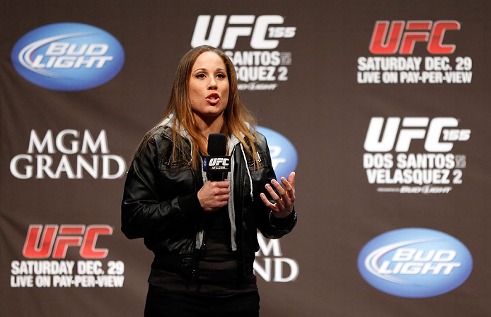 LAS VEGAS, NV - DECEMBER 28: Liz Carmouche interacts with fans during a Q&A session before the UFC 155 weigh-in on December 28, 2012 at MGM Grand Garden Arena in Las Vegas, Nevada. (Photo by Josh Hedges/Zuffa LLC/Zuffa LLC via Getty Images)