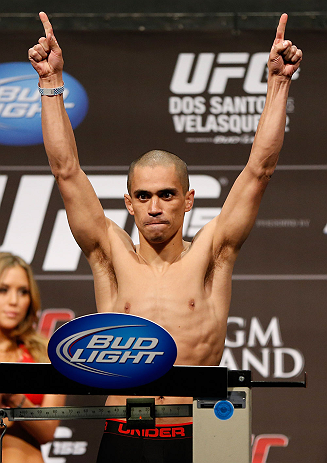 LAS VEGAS, NV - DECEMBER 28: Chris Cariaso gestures during the UFC 155 weigh-in on December 28, 2012 at MGM Grand Garden Arena in Las Vegas, Nevada. (Photo by Josh Hedges/Zuffa LLC/Zuffa LLC via Getty Images)