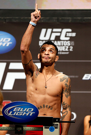 LAS VEGAS, NV - DECEMBER 28: Leonard Garcia gestures during the UFC 155 weigh-in on December 28, 2012 at MGM Grand Garden Arena in Las Vegas, Nevada. (Photo by Josh Hedges/Zuffa LLC/Zuffa LLC via Getty Images)
