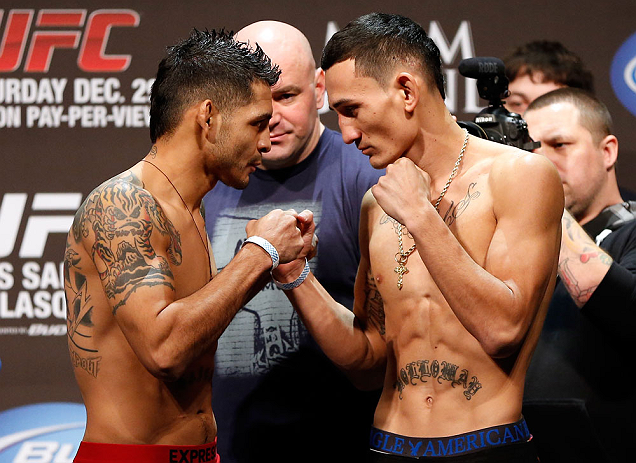 LAS VEGAS, NV - DECEMBER 28: (L-R) Opponents Leonard Garcia and Max Holloway face off during the UFC 155 weigh-in on December 28, 2012 at MGM Grand Garden Arena in Las Vegas, Nevada. (Photo by Josh Hedges/Zuffa LLC/Zuffa LLC via Getty Images)