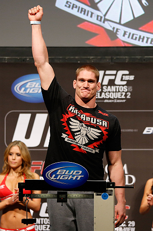 LAS VEGAS, NV - DECEMBER 28: Todd Duffee weighs in during the UFC 155 weigh-in on December 28, 2012 at MGM Grand Garden Arena in Las Vegas, Nevada. (Photo by Josh Hedges/Zuffa LLC/Zuffa LLC via Getty Images)