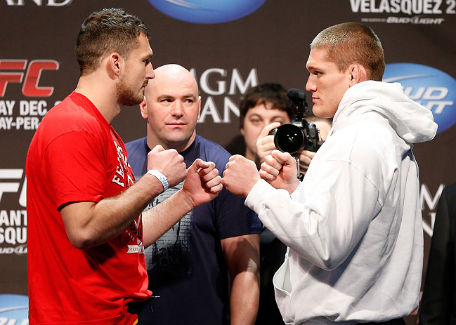 LAS VEGAS, NV - DECEMBER 28: (L-R) Opponents Phil De Fries and Todd Duffee face off during the UFC 155 weigh-in on December 28, 2012 at MGM Grand Garden Arena in Las Vegas, Nevada. (Photo by Josh Hedges/Zuffa LLC/Zuffa LLC via Getty Images)
