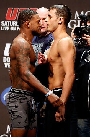 LAS VEGAS, NV - DECEMBER 28: (L-R) Opponents Michael Johnson and Myles Jury face off during the UFC 155 weigh-in on December 28, 2012 at MGM Grand Garden Arena in Las Vegas, Nevada. (Photo by Josh Hedges/Zuffa LLC/Zuffa LLC via Getty Images)