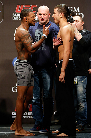 LAS VEGAS, NV - DECEMBER 28: (L-R) Opponents Michael Johnson and Myles Jury face off during the UFC 155 weigh-in on December 28, 2012 at MGM Grand Garden Arena in Las Vegas, Nevada. (Photo by Josh Hedges/Zuffa LLC/Zuffa LLC via Getty Images)