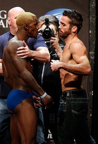 LAS VEGAS, NV - DECEMBER 28: (L-R) Opponents Melvin Guillard and Jamie Varner face off during the UFC 155 weigh-in on December 28, 2012 at MGM Grand Garden Arena in Las Vegas, Nevada. (Photo by Josh Hedges/Zuffa LLC/Zuffa LLC via Getty Images)