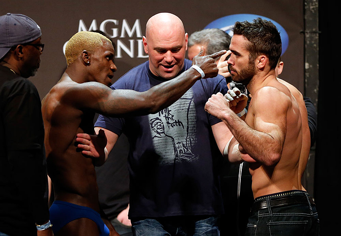 LAS VEGAS, NV - DECEMBER 28: (L-R) Opponents Melvin Guillard and Jamie Varner face off during the UFC 155 weigh-in on December 28, 2012 at MGM Grand Garden Arena in Las Vegas, Nevada. (Photo by Josh Hedges/Zuffa LLC/Zuffa LLC via Getty Images)