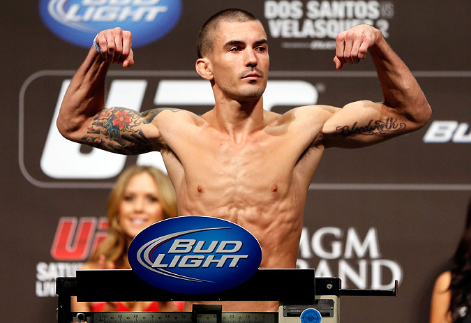 LAS VEGAS, NV - DECEMBER 28: Byron Bloodworth flexes during the UFC 155 weigh-in on December 28, 2012 at MGM Grand Garden Arena in Las Vegas, Nevada. (Photo by Josh Hedges/Zuffa LLC/Zuffa LLC via Getty Images)