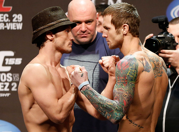 LAS VEGAS, NV - DECEMBER 28: (L-R) Opponents Brad Pickett and Eddie Wineland face off during the UFC 155 weigh-in on December 28, 2012 at MGM Grand Garden Arena in Las Vegas, Nevada. (Photo by Josh Hedges/Zuffa LLC/Zuffa LLC via Getty Images)