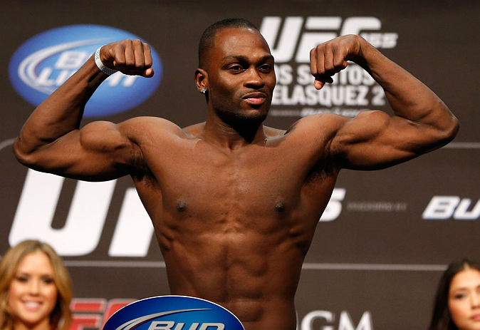 LAS VEGAS, NV - DECEMBER 28: Derek Brunson flexes during the UFC 155 weigh-in on December 28, 2012 at MGM Grand Garden Arena in Las Vegas, Nevada. (Photo by Josh Hedges/Zuffa LLC/Zuffa LLC via Getty Images)