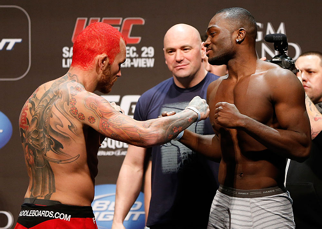 LAS VEGAS, NV - DECEMBER 28: (L-R) Opponents Chris Leben and Derek Brunson face off during the UFC 155 weigh-in on December 28, 2012 at MGM Grand Garden Arena in Las Vegas, Nevada. (Photo by Josh Hedges/Zuffa LLC/Zuffa LLC via Getty Images)