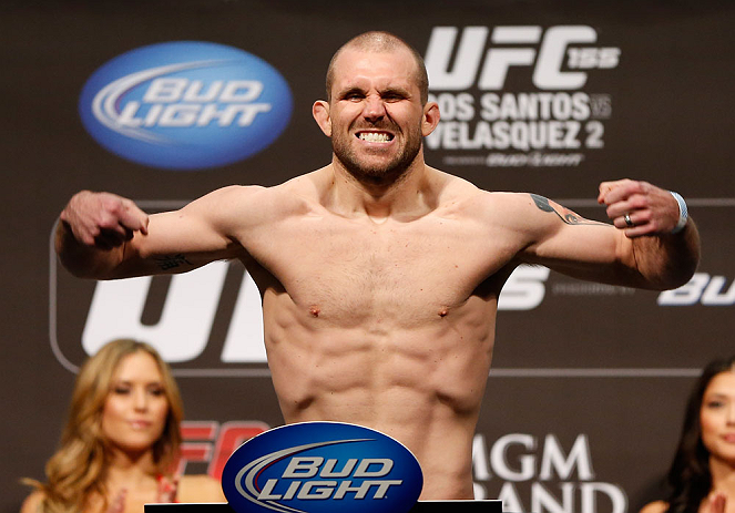 LAS VEGAS, NV - DECEMBER 28: Alan Belcher flexes during the UFC 155 weigh-in on December 28, 2012 at MGM Grand Garden Arena in Las Vegas, Nevada. (Photo by Josh Hedges/Zuffa LLC/Zuffa LLC via Getty Images)