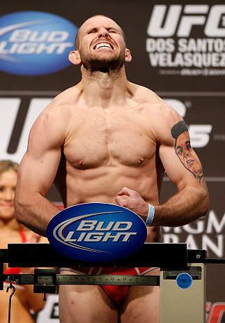 LAS VEGAS, NV - DECEMBER 28: Alan Belcher flexes during the UFC 155 weigh-in on December 28, 2012 at MGM Grand Garden Arena in Las Vegas, Nevada. (Photo by Josh Hedges/Zuffa LLC/Zuffa LLC via Getty Images)