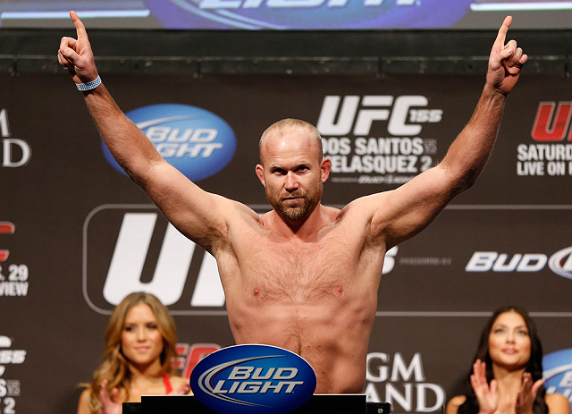 LAS VEGAS, NV - DECEMBER 28: Tim Boetsch gestures during the UFC 155 weigh-in on December 28, 2012 at MGM Grand Garden Arena in Las Vegas, Nevada. (Photo by Josh Hedges/Zuffa LLC/Zuffa LLC via Getty Images)