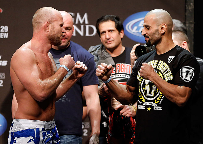LAS VEGAS, NV - DECEMBER 28: (L-R) Opponents Tim Boetsch and Constantinos Philippou face off during the UFC 155 weigh-in on December 28, 2012 at MGM Grand Garden Arena in Las Vegas, Nevada. (Photo by Josh Hedges/Zuffa LLC/Zuffa LLC via Getty Images)