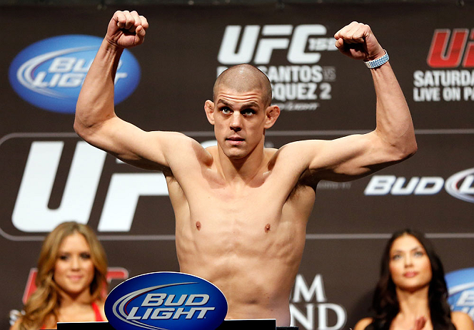 LAS VEGAS, NV - DECEMBER 28: Joe Lauzon flexes during the UFC 155 weigh-in on December 28, 2012 at MGM Grand Garden Arena in Las Vegas, Nevada. (Photo by Josh Hedges/Zuffa LLC/Zuffa LLC via Getty Images)