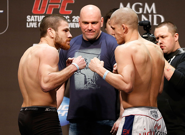 LAS VEGAS, NV - DECEMBER 28: (L-R) Opponents Jim Miller and Joe Lauzon face off during the UFC 155 weigh-in on December 28, 2012 at MGM Grand Garden Arena in Las Vegas, Nevada. (Photo by Josh Hedges/Zuffa LLC/Zuffa LLC via Getty Images)