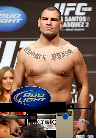 LAS VEGAS, NV - DECEMBER 28: Cain Velasquez weighs in during the UFC 155 weigh-in on December 28, 2012 at MGM Grand Garden Arena in Las Vegas, Nevada. (Photo by Josh Hedges/Zuffa LLC/Zuffa LLC via Getty Images)