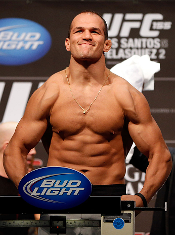 LAS VEGAS, NV - DECEMBER 28: UFC Heavyweight Champion Junior dos Santos flexes during the UFC 155 weigh-in on December 28, 2012 at MGM Grand Garden Arena in Las Vegas, Nevada. (Photo by Josh Hedges/Zuffa LLC/Zuffa LLC via Getty Images)