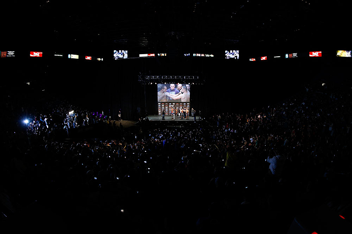 LAS VEGAS, NV - DECEMBER 28: (L-R) UFC Heavyweight Champion Junior dos Santos and challenger Cain Velasquez face off during the UFC 155 weigh-in on December 28, 2012 at MGM Grand Garden Arena in Las Vegas, Nevada. (Photo by Josh Hedges/Zuffa LLC/Zuffa LLC via Getty Images)