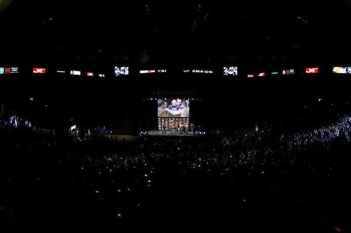 LAS VEGAS, NV - DECEMBER 28: (L-R) UFC Heavyweight Champion Junior dos Santos and challenger Cain Velasquez face off during the UFC 155 weigh-in on December 28, 2012 at MGM Grand Garden Arena in Las Vegas, Nevada. (Photo by Josh Hedges/Zuffa LLC/Zuffa LLC via Getty Images)