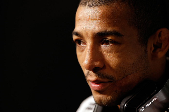 LAS VEGAS, NV - JANUARY 31:  UFC featherweight champion Jose Aldo interacts with media during the UFC 156 Ultimate Media Day on January 31, 2013 at the Mandalay Bay in Las Vegas, Nevada.  (Photo by Josh Hedges/Zuffa LLC/Zuffa LLC via Getty Images)