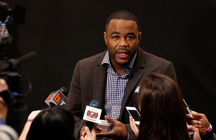 LAS VEGAS, NV - JANUARY 31:  Rashad Evans interacts with media during the UFC 156 Ultimate Media Day on January 31, 2013 at the Mandalay Bay in Las Vegas, Nevada.  (Photo by Josh Hedges/Zuffa LLC/Zuffa LLC via Getty Images)