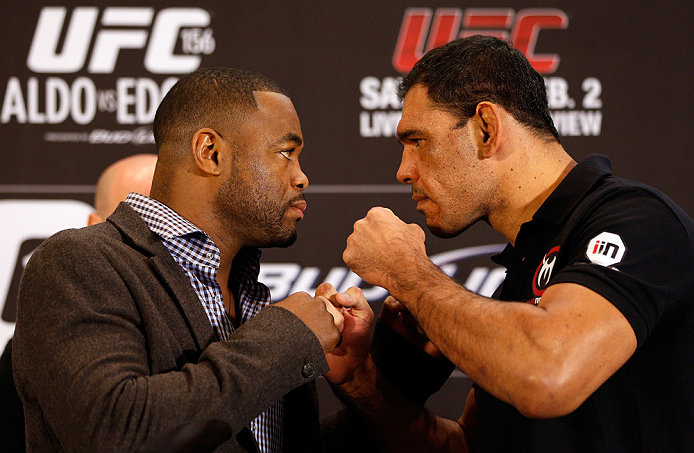 LAS VEGAS, NV - JANUARY 31:  (L-R) Opponents Rashad Evans and Antonio Rogerio Nogueira face off during the UFC 156 Ultimate Media Day on January 31, 2013 at the Mandalay Bay in Las Vegas, Nevada.  (Photo by Josh Hedges/Zuffa LLC/Zuffa LLC via Getty Images)