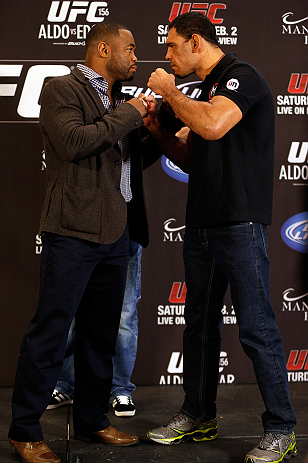 LAS VEGAS, NV - JANUARY 31:  (L-R) Opponents Rashad Evans and Antonio Rogerio Nogueira face off during the UFC 156 Ultimate Media Day on January 31, 2013 at the Mandalay Bay in Las Vegas, Nevada.  (Photo by Josh Hedges/Zuffa LLC/Zuffa LLC via Getty Images)