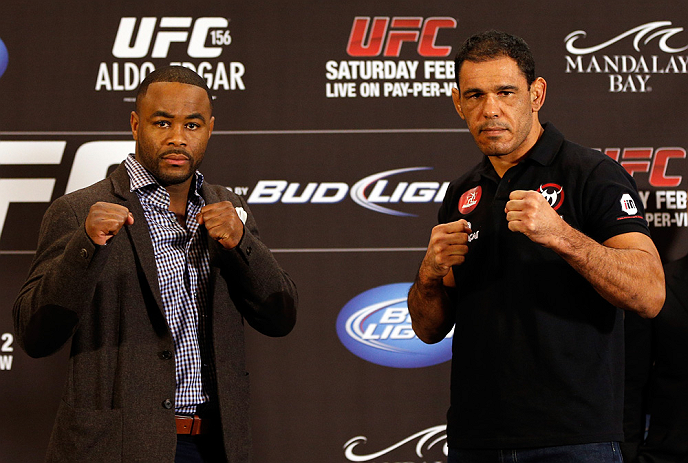LAS VEGAS, NV - JANUARY 31:  (L-R) Opponents Rashad Evans and Antonio Rogerio Nogueira pose for photos during the UFC 156 Ultimate Media Day on January 31, 2013 at the Mandalay Bay in Las Vegas, Nevada.  (Photo by Josh Hedges/Zuffa LLC/Zuffa LLC via Getty Images)