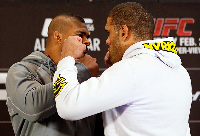 LAS VEGAS, NV - JANUARY 31:  (L-R) Opponents Alistair Overeem and Antonio "Bigfoot" Silva face off during the UFC 156 Ultimate Media Day on January 31, 2013 at the Mandalay Bay in Las Vegas, Nevada.  (Photo by Josh Hedges/Zuffa LLC/Zuffa LLC via Getty Images)