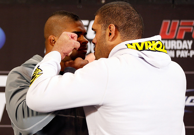 LAS VEGAS, NV - JANUARY 31:  (L-R) Opponents Alistair Overeem and Antonio "Bigfoot" Silva face off during the UFC 156 Ultimate Media Day on January 31, 2013 at the Mandalay Bay in Las Vegas, Nevada.  (Photo by Josh Hedges/Zuffa LLC/Zuffa LLC via Getty Images)
