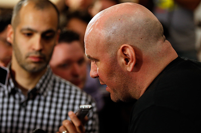 LAS VEGAS, NV - JANUARY 31:  UFC president Dana White interacts with media during the UFC 156 Ultimate Media Day on January 31, 2013 at the Mandalay Bay in Las Vegas, Nevada.  (Photo by Josh Hedges/Zuffa LLC/Zuffa LLC via Getty Images)