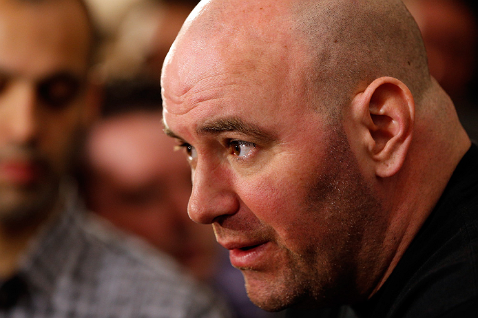 LAS VEGAS, NV - JANUARY 31:  UFC president Dana White interacts with media during the UFC 156 Ultimate Media Day on January 31, 2013 at the Mandalay Bay in Las Vegas, Nevada.  (Photo by Josh Hedges/Zuffa LLC/Zuffa LLC via Getty Images)