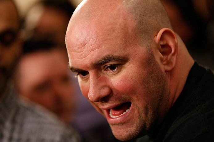 LAS VEGAS, NV - JANUARY 31:  UFC president Dana White interacts with media during the UFC 156 Ultimate Media Day on January 31, 2013 at the Mandalay Bay in Las Vegas, Nevada.  (Photo by Josh Hedges/Zuffa LLC/Zuffa LLC via Getty Images)
