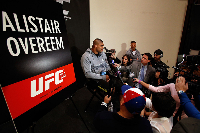 LAS VEGAS, NV - JANUARY 31:  Alistair Overeem interacts with media during the UFC 156 Ultimate Media Day on January 31, 2013 at the Mandalay Bay in Las Vegas, Nevada.  (Photo by Josh Hedges/Zuffa LLC/Zuffa LLC via Getty Images)