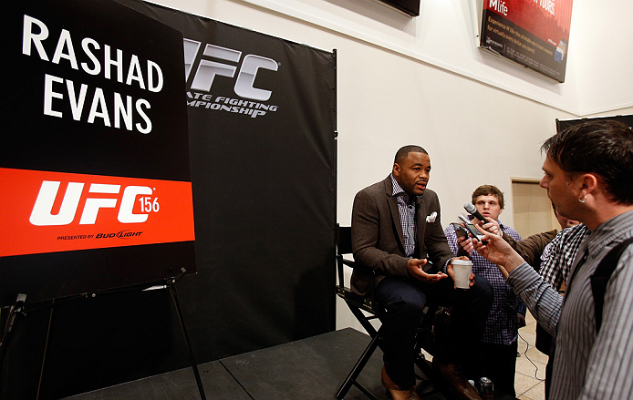 LAS VEGAS, NV - JANUARY 31:  Rashad Evans interacts with media during the UFC 156 Ultimate Media Day on January 31, 2013 at the Mandalay Bay in Las Vegas, Nevada.  (Photo by Josh Hedges/Zuffa LLC/Zuffa LLC via Getty Images)