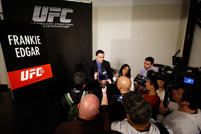 LAS VEGAS, NV - JANUARY 31:  Frankie Edgar interacts with media during the UFC 156 Ultimate Media Day on January 31, 2013 at the Mandalay Bay in Las Vegas, Nevada.  (Photo by Josh Hedges/Zuffa LLC/Zuffa LLC via Getty Images)