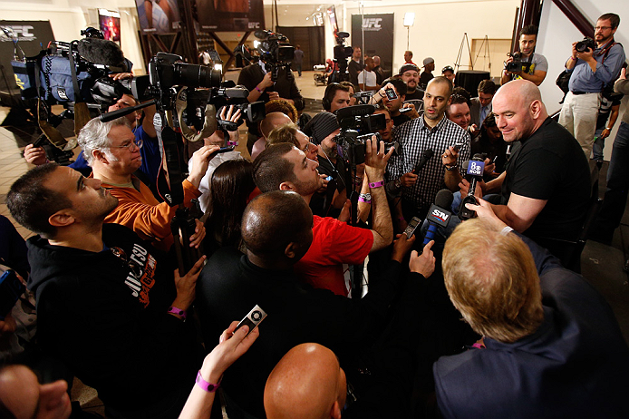 LAS VEGAS, NV - JANUARY 31:  UFC president Dana White interacts with media during the UFC 156 Ultimate Media Day on January 31, 2013 at the Mandalay Bay in Las Vegas, Nevada.  (Photo by Josh Hedges/Zuffa LLC/Zuffa LLC via Getty Images)