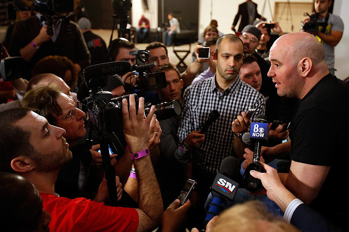 LAS VEGAS, NV - JANUARY 31:  UFC president Dana White interacts with media during the UFC 156 Ultimate Media Day on January 31, 2013 at the Mandalay Bay in Las Vegas, Nevada.  (Photo by Josh Hedges/Zuffa LLC/Zuffa LLC via Getty Images)