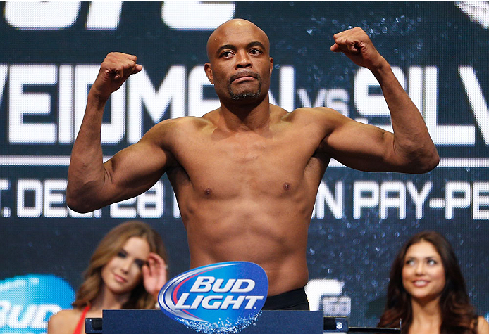 LAS VEGAS, NV - DECEMBER 27:  Anderson Silva weighs in during the UFC 168 weigh-in at the MGM Grand Garden Arena on December 27, 2013 in Las Vegas, Nevada. (Photo by Josh Hedges/Zuffa LLC/Zuffa LLC via Getty Images)