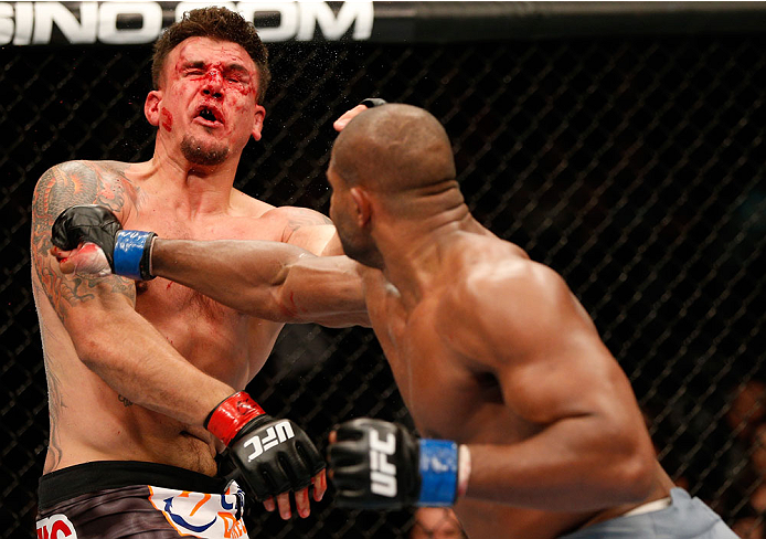 NEWARK, NJ - FEBRUARY 01:  (R-L) Alistair Overeem punches Frank Mir in their heavyweight fight at the UFC 169 event inside the Prudential Center on February 1, 2014 in Newark, New Jersey. (Photo by Josh Hedges/Zuffa LLC/Zuffa LLC via Getty Images)