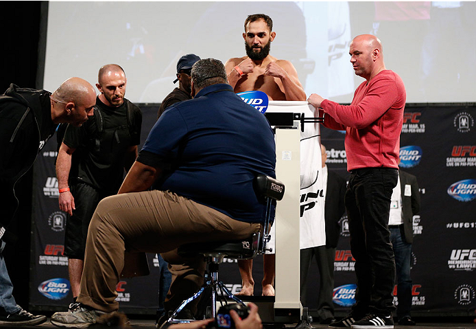 DALLAS, TX - MARCH 14:  Johny Hendricks weighs in during the UFC 171 official weigh-in at Gilley's Dallas on March 14, 2014 in Dallas, Texas. (Photo by Josh Hedges/Zuffa LLC/Zuffa LLC via Getty Images)