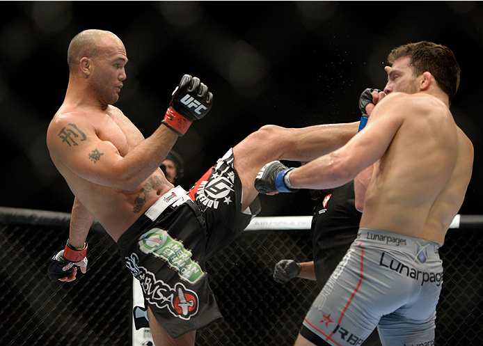 Robbie Lawler kicks Jake Ellenberger in their welterweight bout during the UFC 173 event at the MGM Grand Garden Arena on May 24, 2014 in Las Vegas, NV. (Photo by Jeff Bottari/Zuffa LLC)